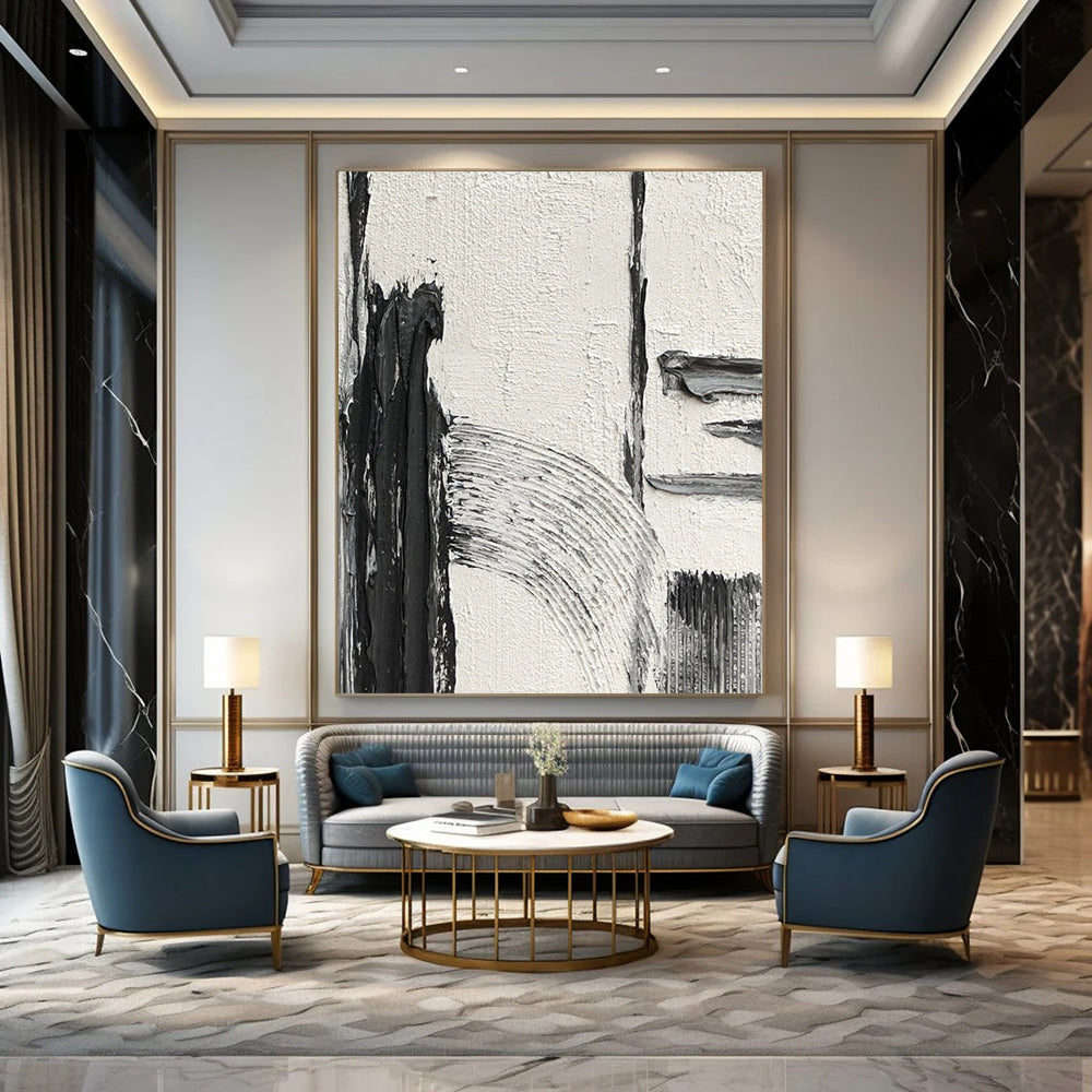 “White, Black Textured Shapes ‘Quiet Contrast’” - Impasto Abstract Painting On Canvas DTP386