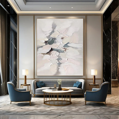 “Soft Impasto Blooms” - White, Gray & Blue Textured Abstract Painting On Canvas DKH1174