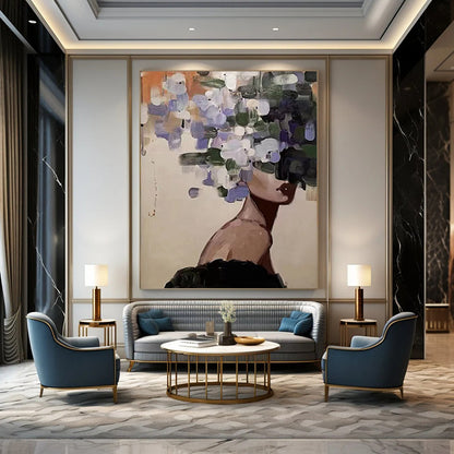 “Flower - Headed Figure” - Purple, Green, Beige Figurative Painting On Canvas DTP309