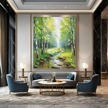 Sunlit Forest Stream - Landscape Oil Painting On Canvas DKH1266