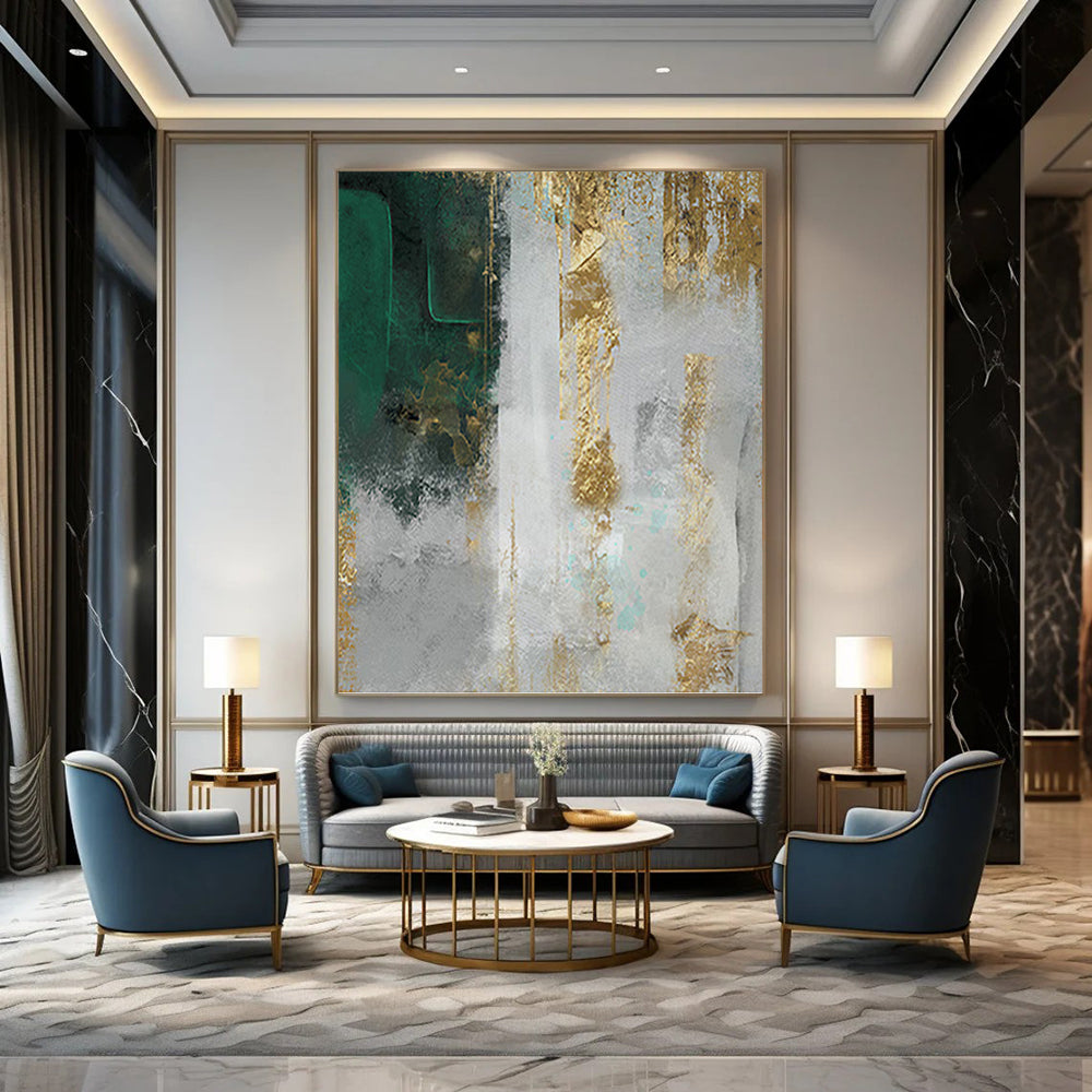 “Gilded Emerald” - Green, Gold & Gray Textured Abstract Painting On Canvas DKH1518