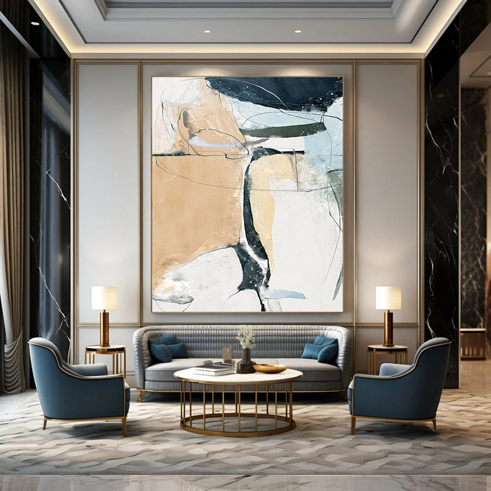 “Fluid Connections” - Beige, Blue, Black & White Abstract Lines Painting On Canvas DKH1523