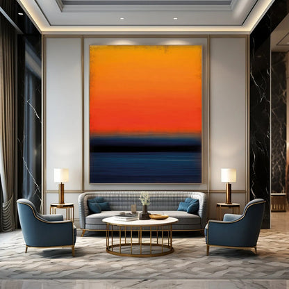 “Vibrant Sunset Stripes with Deep Blue” - Bold Color Field Sunset Painting On Canvas DKH1603