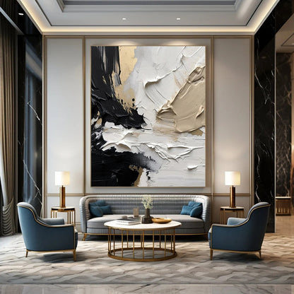 “Black - White - Gold Textured Abstract” - Black, White, Gold Impasto Painting On Canvas DTP301