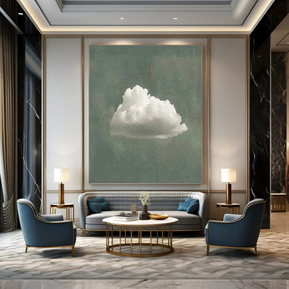 “Single White Cloud on Green” - White & Green Minimalist Painting On Canvas DKH0970