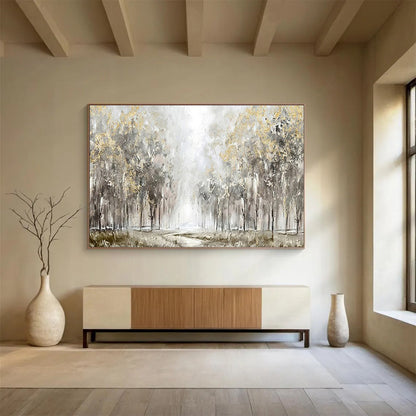 “Golden Forest Path” - Gray, Gold, Green Textured Landscape Painting On Canvas DKH737