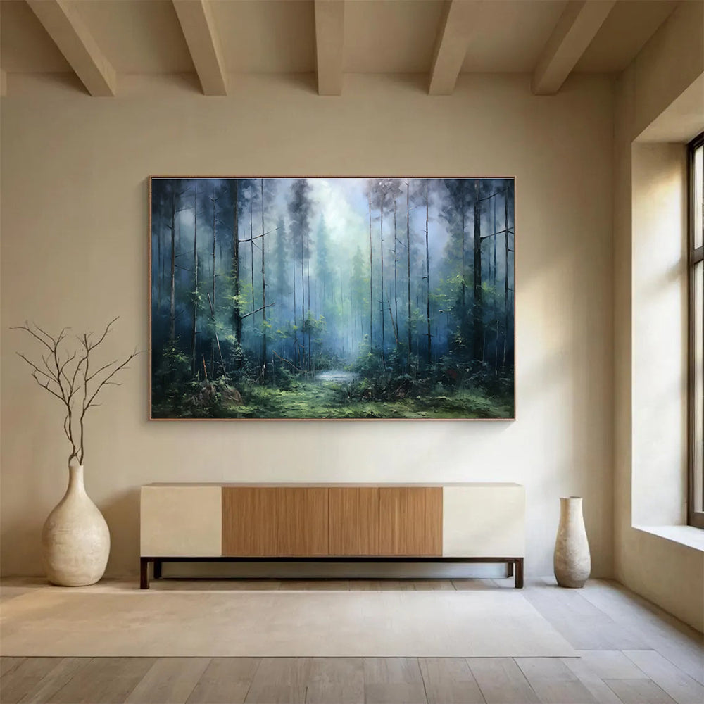 “Misty Forest Path - Cool Blue & Green Landscape Painting On Canvas” DKH869