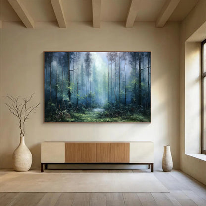“Misty Forest Path - Cool Blue & Green Landscape Painting On Canvas” DKH869