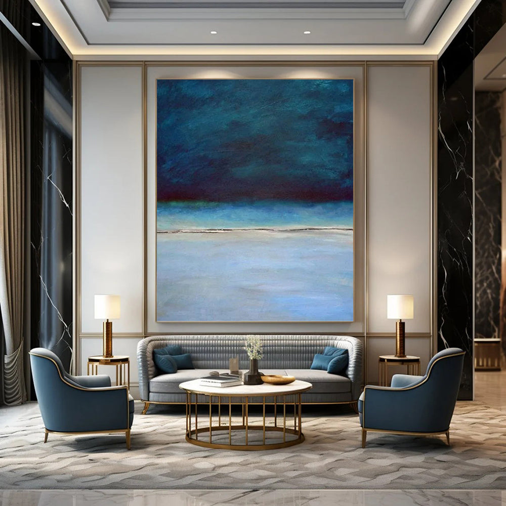 “Deep Blue Coastal Stillness” - Blue, Teal & Gray Seascape Painting On Canvas DKH0938