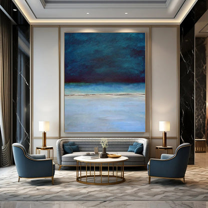“Deep Blue Coastal Stillness” - Blue, Teal & Gray Seascape Painting On Canvas DKH0938