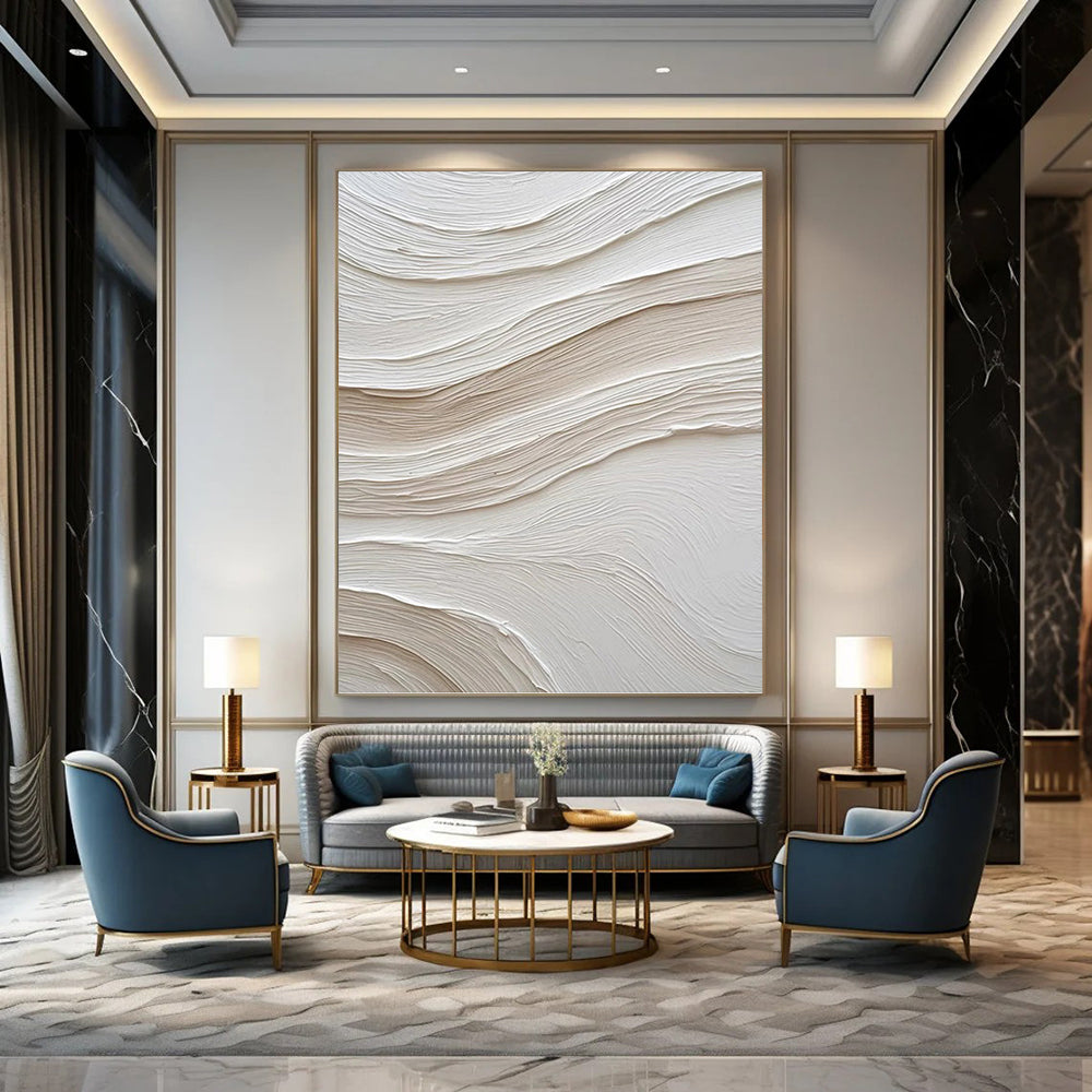 “Textured White & Beige Waves” - White & Beige Minimalist Textured Painting On Canvas DKH1024