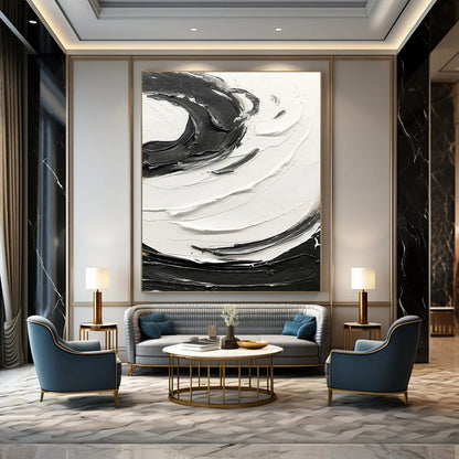 “Black, White Textured Swirls ‘Bold Rhythm’” - Impasto Abstract Painting On Canvas DTP380