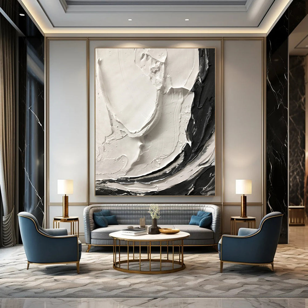 “White, Black Textured Swirls ‘Tactile Harmony’” - Impasto Abstract Painting On Canvas DTP387