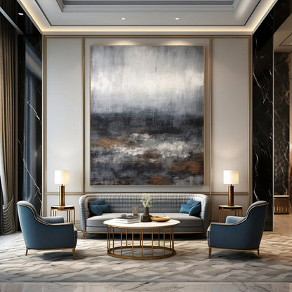 “Gray, Brown, White Abstract Seascape ‘Stormy Serenity’” - Impasto Seascape Painting On Canvas DTP368