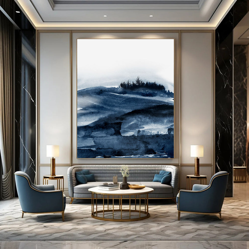 “Blue Watercolor Landscape” - Blue, White Abstract Landscape Painting On Canvas DTP230