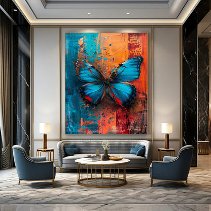 “Vibrant Blue Butterfly” - Blue, Orange & Red Butterfly Painting On Canvas CT2194