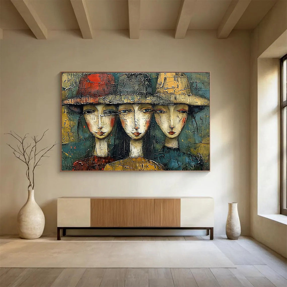 “Textured Trio of Faces” - Earthy Multicolor Portrait Painting On Canvas DKH763