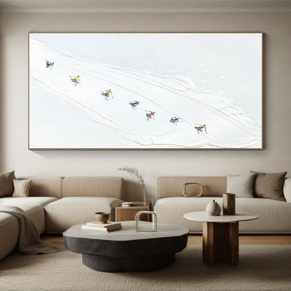 White - based Ski Slope with Colorful Skiers, “Ski Trail Joy” - Minimalist Figurative Acrylic Painting CT0734