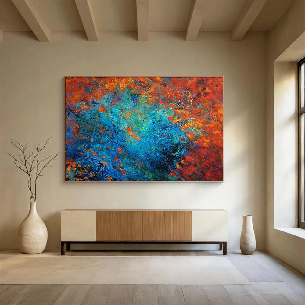 “Fiery Blue Core” - Red, Blue, Orange Abstract Oil Painting On Canvas DKH723