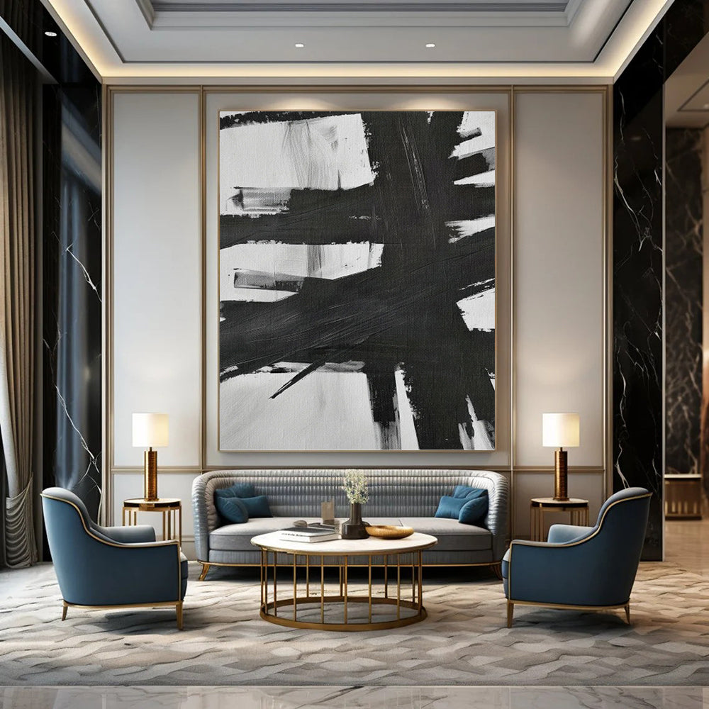 Black & White Bold Strokes - Dynamic Clash Painting On Canvas DKH1154
