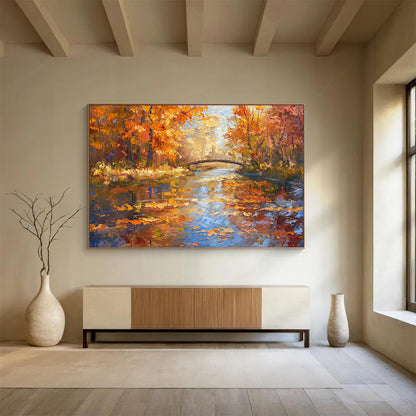 Autumn River with Bridge - Realist Landscape Painting On Canvas DLZ196