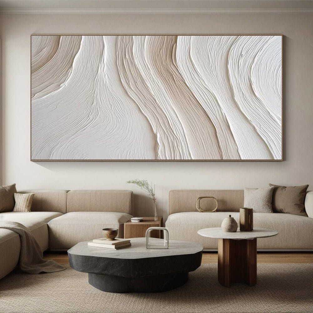 White - Beige Wavy Textures, “Cloud Drift” - Textured Abstract Plaster Painting CT0722
