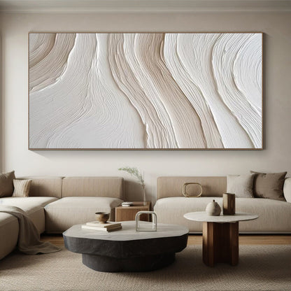White - Beige Wavy Textures, “Cloud Drift” - Textured Abstract Plaster Painting CT0722