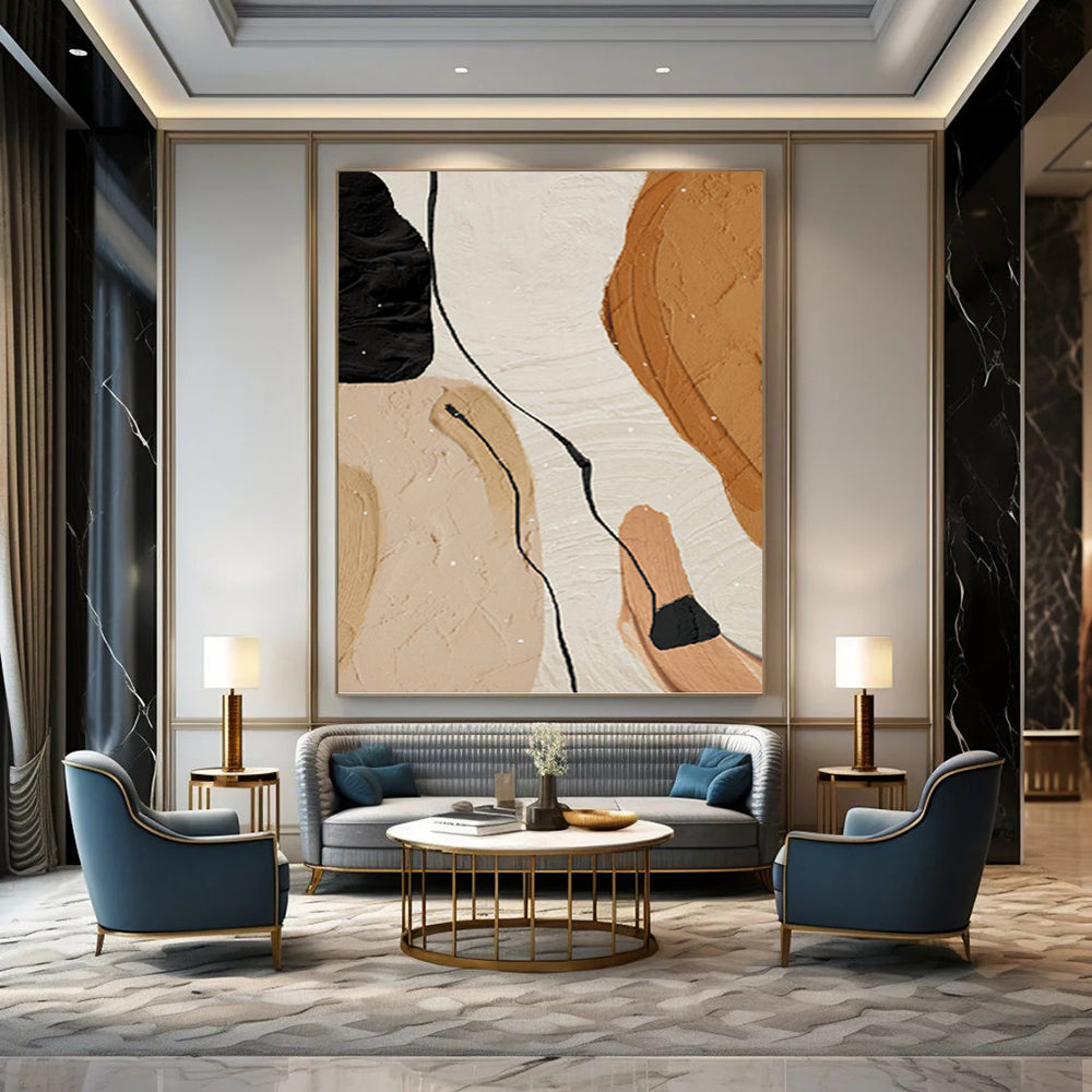 “Organic Flow” - Beige, Brown & Black Abstract Forms Painting On Canvas DKH1513