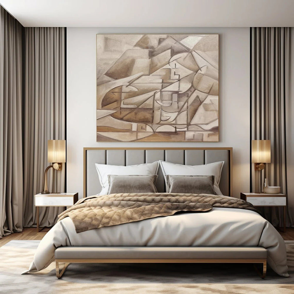 Neutral Tones, Geometric Mountain Abstraction - "Cubist Peaks" - Cubist Oil Painting CT1456