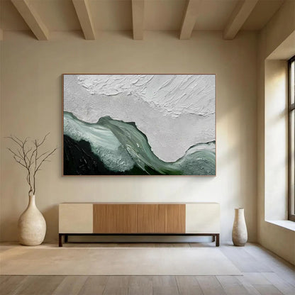 “Textured White & Teal Waves” - White, Teal, Green Impasto Abstract Painting On Canvas DKH744