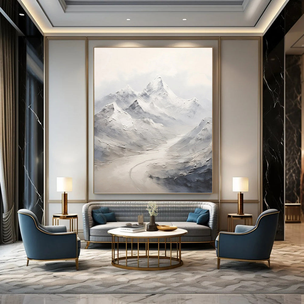 Snowy Mountain Range with River - Abstract Landscape Painting On Canvas DKH1264