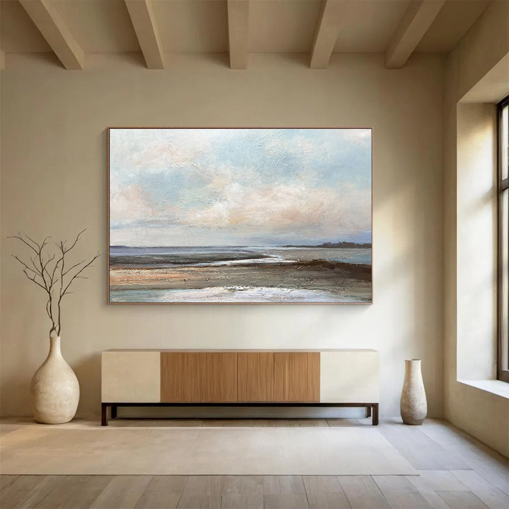 “Soft Coastal Hues” - Blue, Gray, Brown Impressionistic Seascape Painting On Canvas DKH755