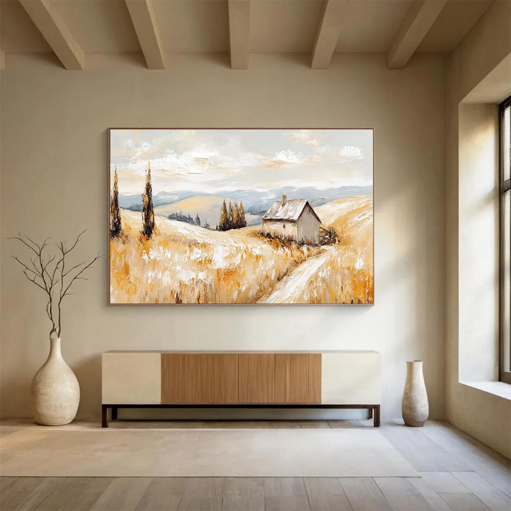 “Golden Field & Cottage” Landscape Oil Painting On Canvas DKH461