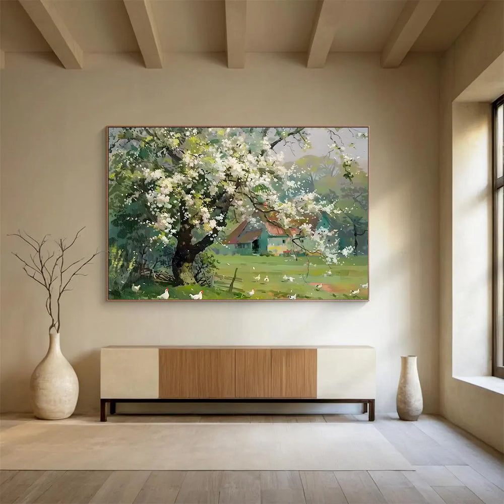 Blossoming Tree in Countryside - Realist Landscape Painting On Canvas DLZ215