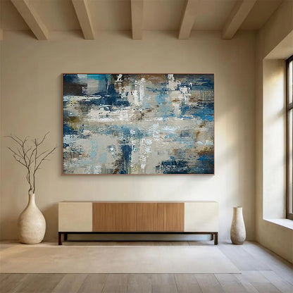 “Blue, Gray, Abstract Scene ‘Urban Coastal Fusion’” - Abstract Cityscape Painting On Canvas DLZ036
