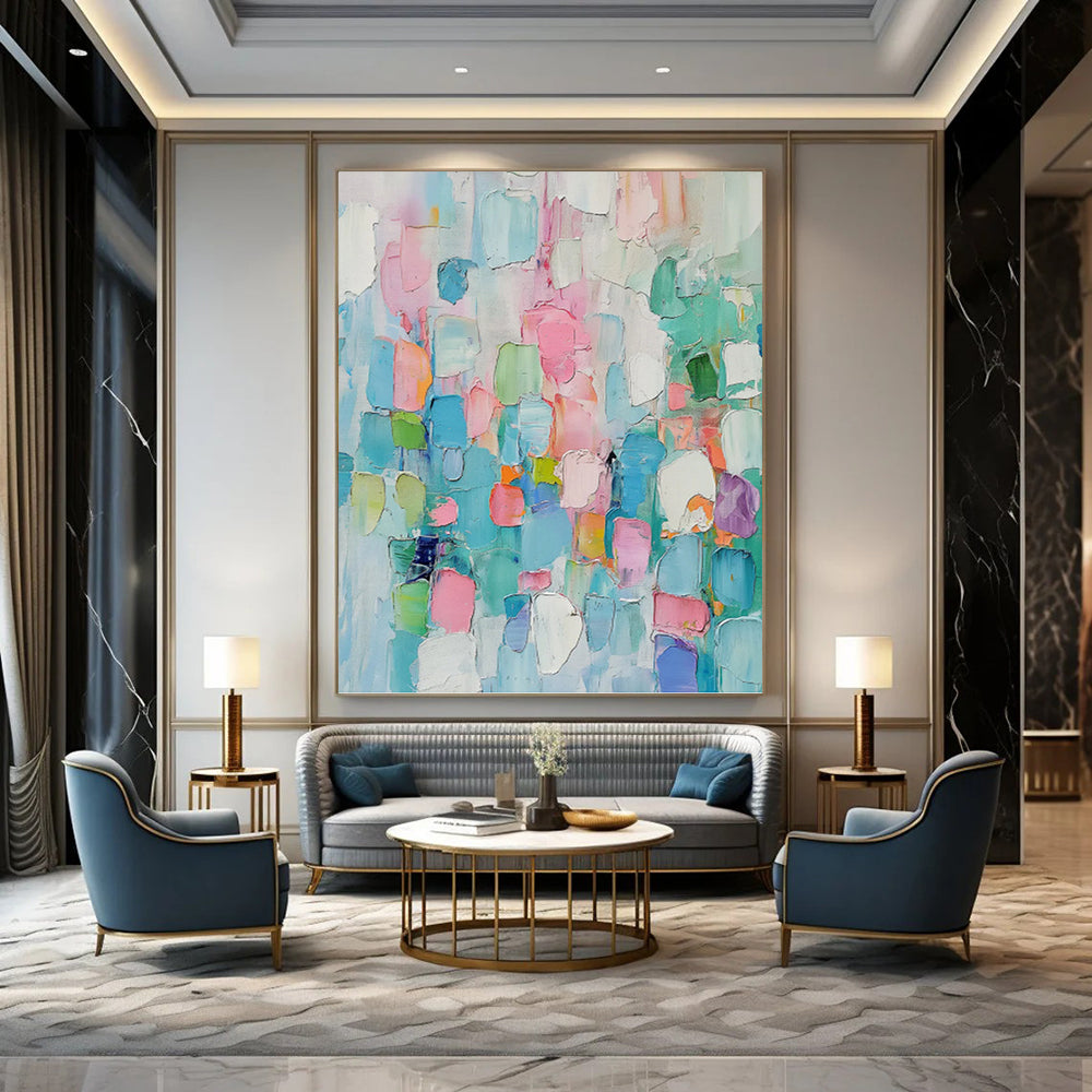 “Pastel - Toned Abstract Color Blocks” - Multicolor Cubist - Inspired Painting On Canvas DKH0997