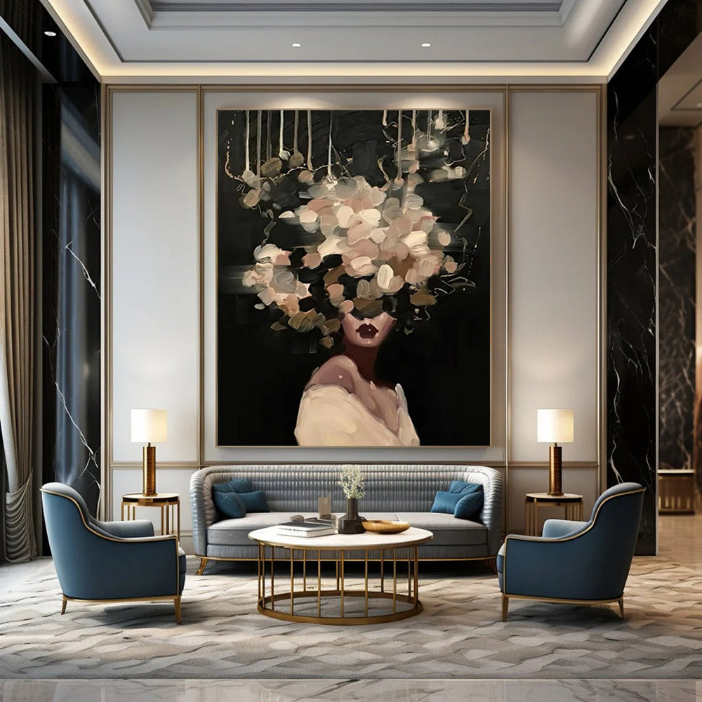 “Black, Beige, White Floral Head ‘Mystic Blooms’” - Figurative Flower Painting On Canvas DTP326