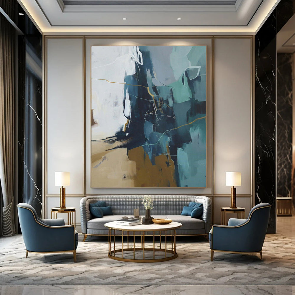 “Blue, Gray & Gold Abstract Geometry” - Blue, Gray, Gold & White Modernist Painting On Canvas DKH1016