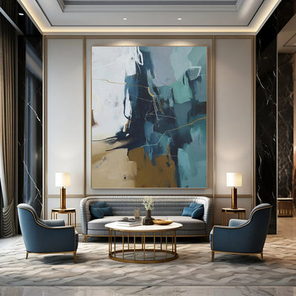“Blue, Gray & Gold Abstract Geometry” - Blue, Gray, Gold & White Modernist Painting On Canvas DKH1016