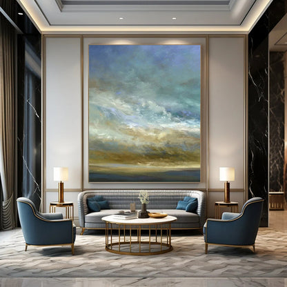 “Sky & Sea in Soft Hues” - Blue, Beige & White Impressionistic Painting On Canvas DKH0953