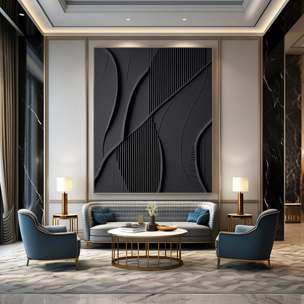 Black, Textured Abstract Forms - Abstract Painting On Canvas DKH1465