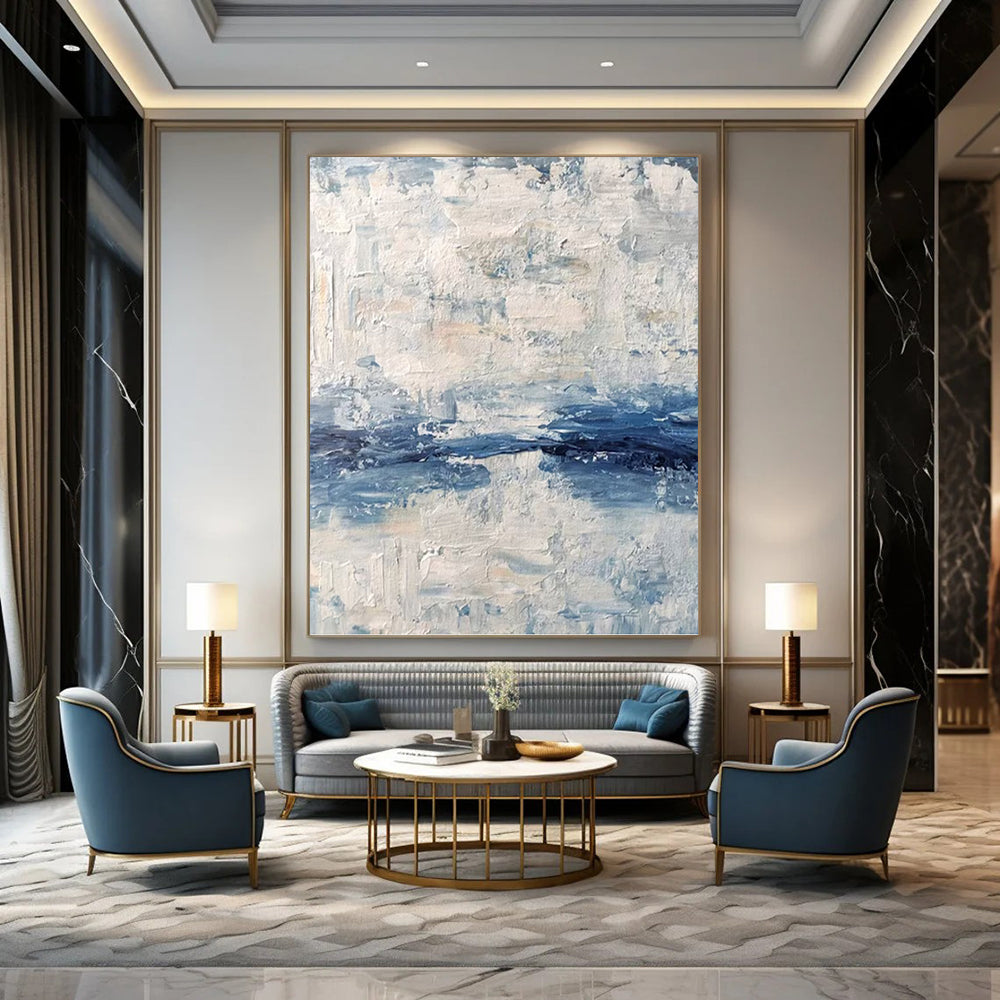 “Blue - White Textures” - Blue & White Abstract Textured Layers Painting On Canvas DKH1546