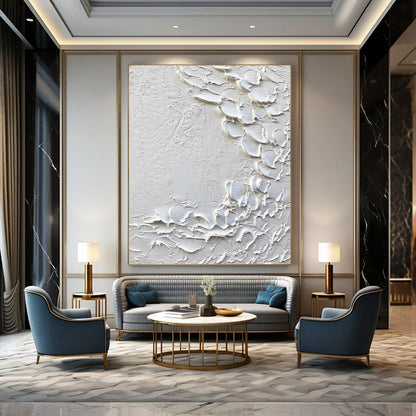 “White, Textured Blossoms ‘Pure Whimsy’” - Impasto Abstract Painting On Canvas DTP373