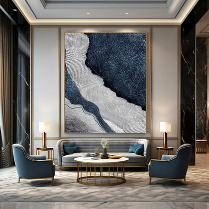 “Rippled River” - Blue, White & Gray Abstract Flowing Lines Painting On Canvas DKH1536