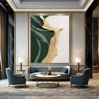 Emerald Green, Gold, and White Textured Abstract - Abstract Painting On Canvas DKH1496