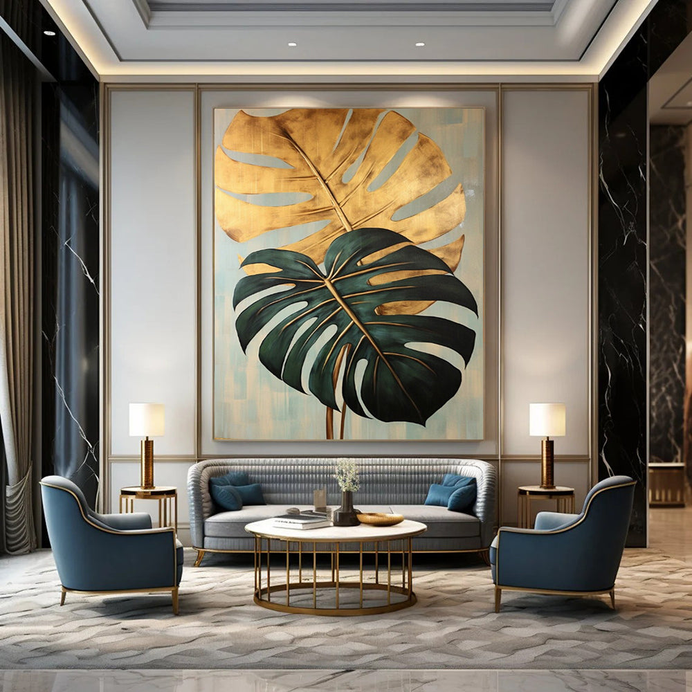 “Gilded Monstera Leaves” - Gold & Green Monstera Leaves Painting On Canvas CT2195