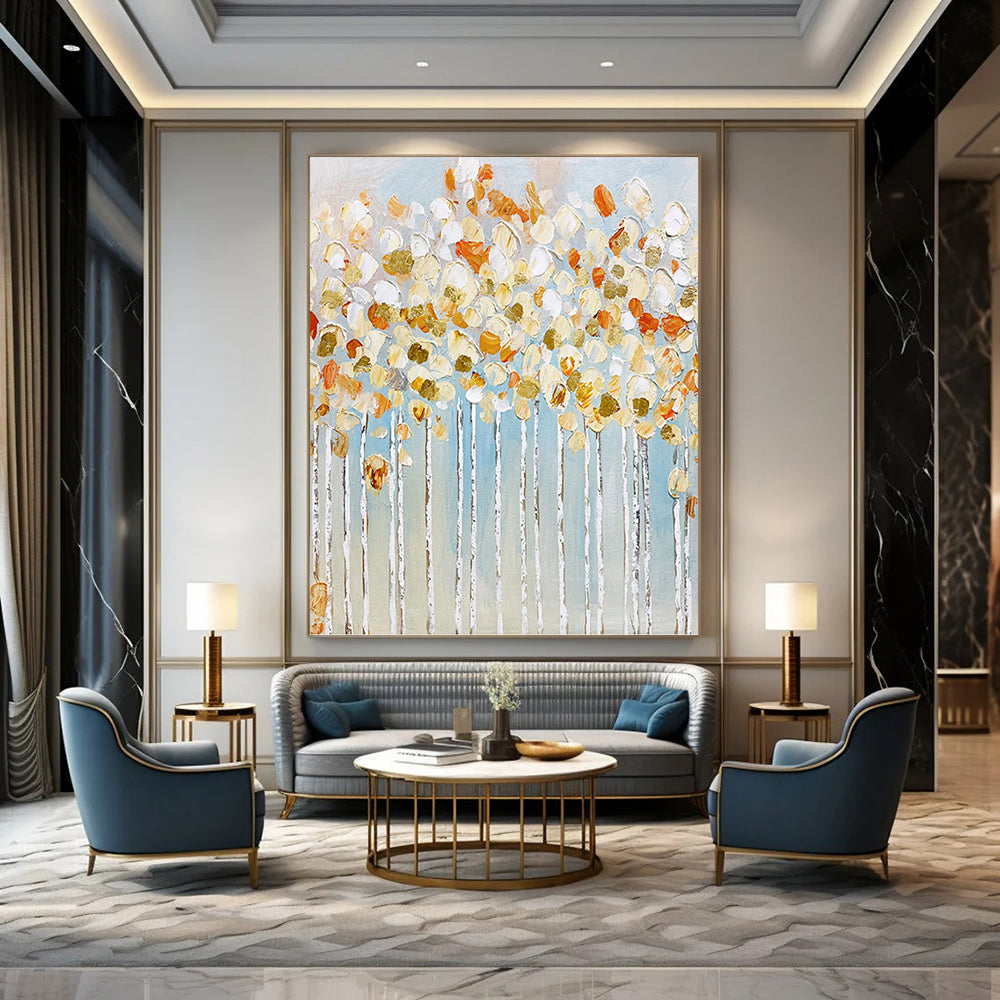 Textured Trees in Gold, White, and Blue - Landscape Painting On Canvas DKH1441