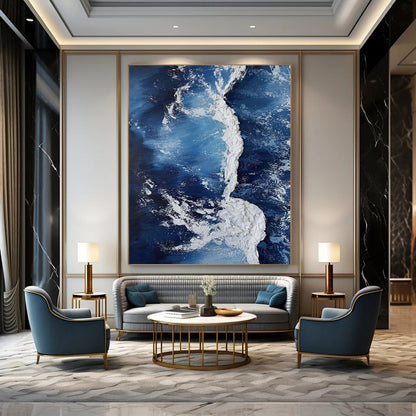 “Blue, White Textured Wave ‘Crashing Serenity’” - Impasto Sea Painting On Canvas DTP335
