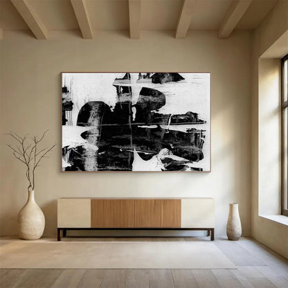 “Monochrome Textured Layers” Black - and - White Abstract Painting On Canvas DLZ134