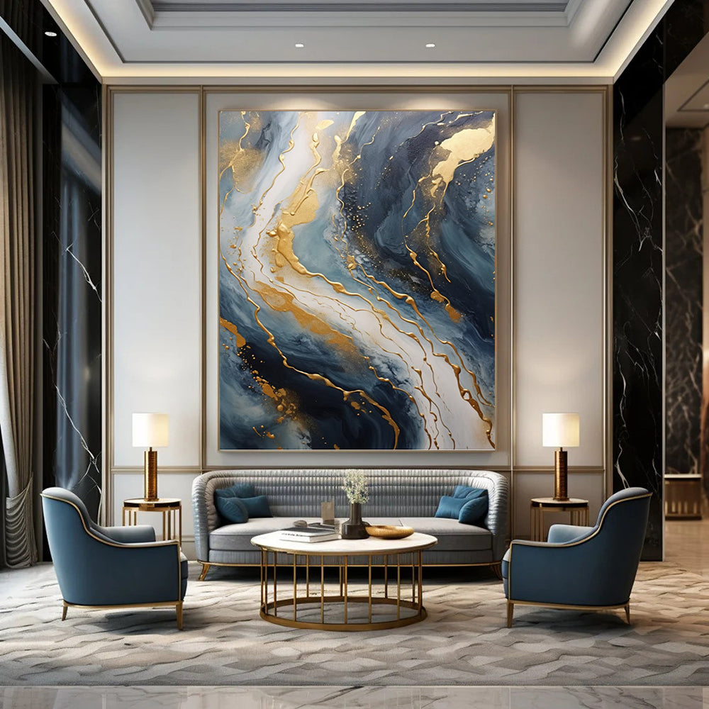 “Blue & Gold Marbled Flow” - Fluid Abstract Painting On Canvas DKH1599